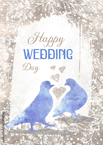 Romantic vertical creative design with a pair of birds and hearts. A banner for newlyweds with silhouettes of birds in the minimalist style