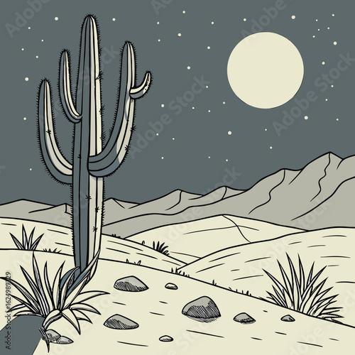 Cactus Silhouette in the Desert: A captivating illustration, a towering cactus stands silhouetted against a moonlit desert sky, evoking the stark beauty and mystery of the arid landscape.