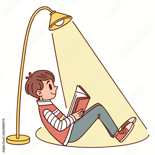Cozy Reading Under a Lamp: A young individual is deeply engrossed in a book, relaxing beneath the warm glow of a vintage lamp, enjoying the peaceful ambiance of the moment.