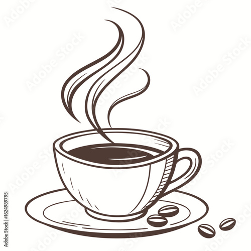 Aromatic Brew in Artistic Sketch: An artistic sketch captures the essence of a steaming cup of coffee, with swirling vapor and meticulously drawn coffee beans.