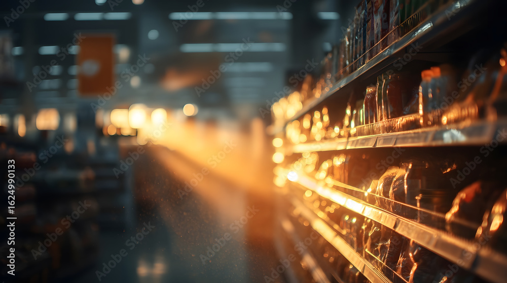 Fototapeta premium Abstract View of Supermarket Aisle with Golden Light