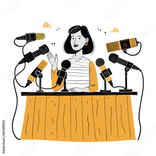 Woman speaking at a press conference with multiple microphones present  
