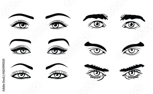 Man and woman eyes and eyebrows set collection pack bundle black shape icon silhouette vector flat illustration design on white background