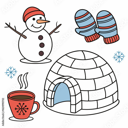 Cute cartoon snowman igloo warm drink and mittens for winter fun and activities
