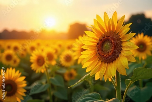 Golden Hour Sunflowers Ripe, Heavy Heads Bowing Under Summers Bounty in a Vibrant Field