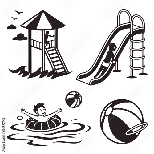 Children enjoying summer activities at a water park with slides swimming and beach balls