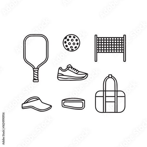 Pickleball Equipment Line Icons Set – Paddle, Ball, Net, Court Shoes, Visor, and Sports Bag