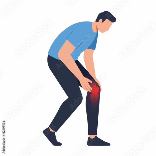 Man holding his knee in pain with a red swelling indicator  