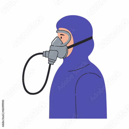 Person wearing oxygen mask in protective suit with side profile view  