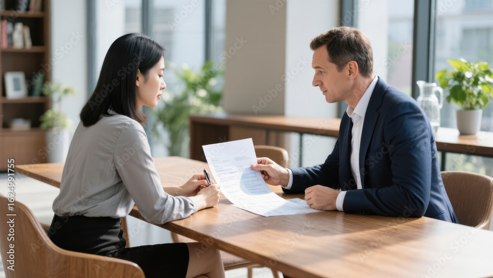 Business meeting office professional discussion document negotiation formal teamwork collaboration daytime. Two colleagues modern office discuss Business meeting office professional discussion document negotiation formal teamwork collaboration daytime. Two colleagues modern office discuss