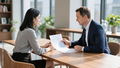 Business meeting office professional discussion document negotiation formal teamwork collaboration daytime. Two colleagues modern office discuss