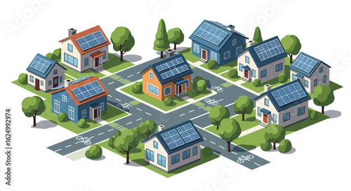 Isometric Neighborhood of Sustainable Houses with Rooftop Solar Panels