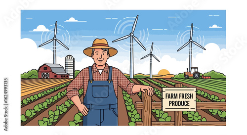 Farmer on Farmland with Wind Turbines and Farm Fresh Produce Sign