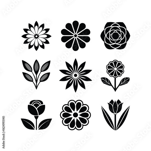 Collection of nine black floral silhouettes in a grid pattern silhouette