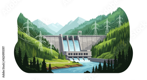 Hydroelectric Dam in a Green Mountainous Valley Generating Clean Power