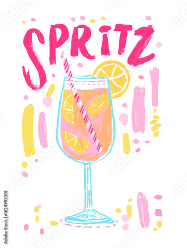 Colorful spritz cocktail illustration with lemon on white background  