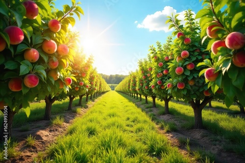 Abundant Sun-Drenched Peach Orchard Ready for Harvest Rows of Ripe, Juicy Peaches Stretch to a Bright Summer Sky, Creating a Picturesque Scene of Summer Abundance and Farm Fresh Goodness.