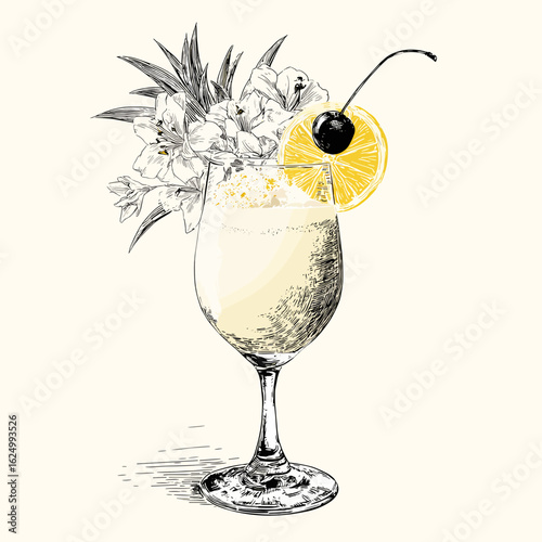 Cocktail glass with flowers, lemon, and cherry in vintage style  