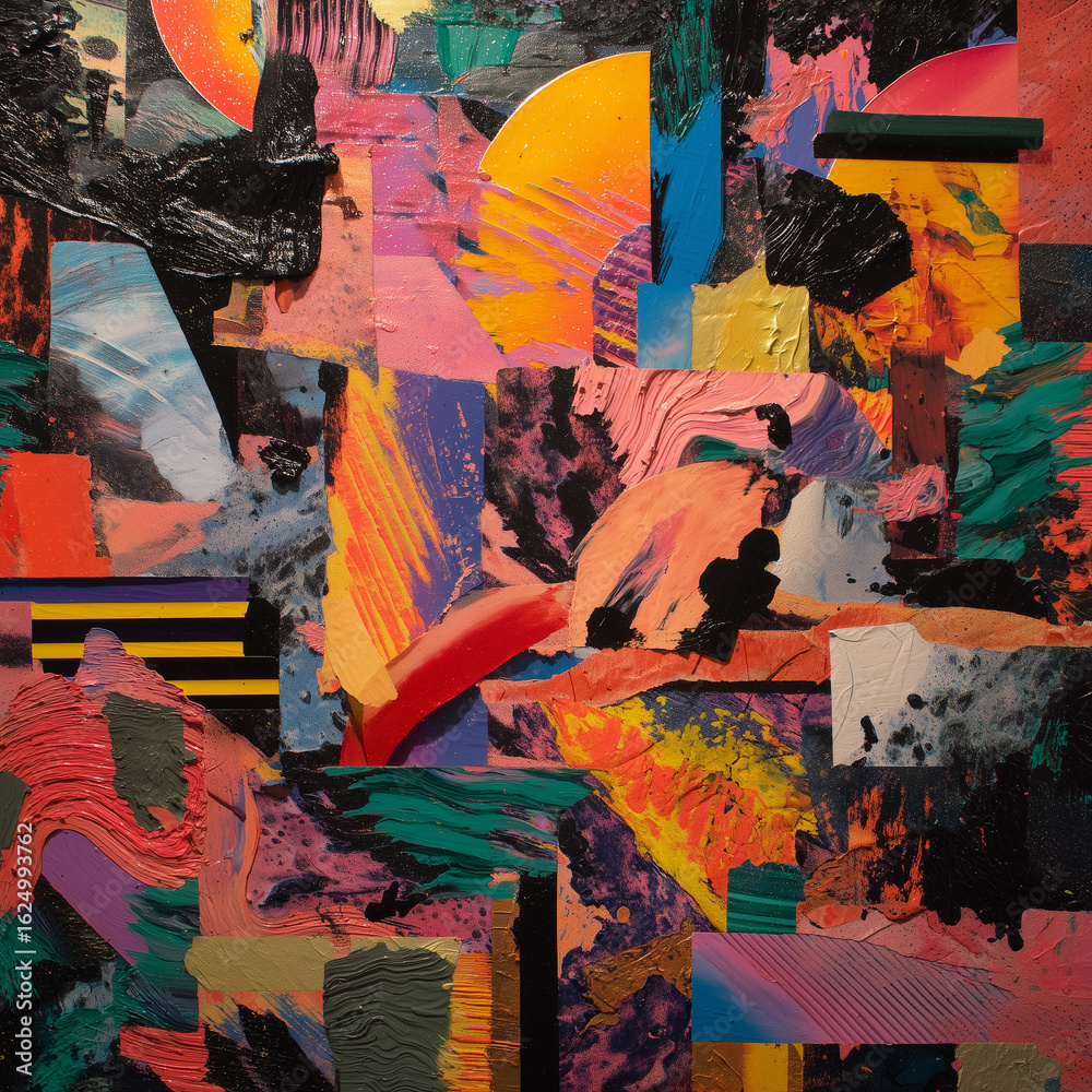 Fototapeta premium Bold Abstract Expressionism with Textured Brushstrokes and Vivid Color Blocks. Energetic abstract expressionist artwork featuring a dynamic composition of layered textures, thick impasto brushstrokes