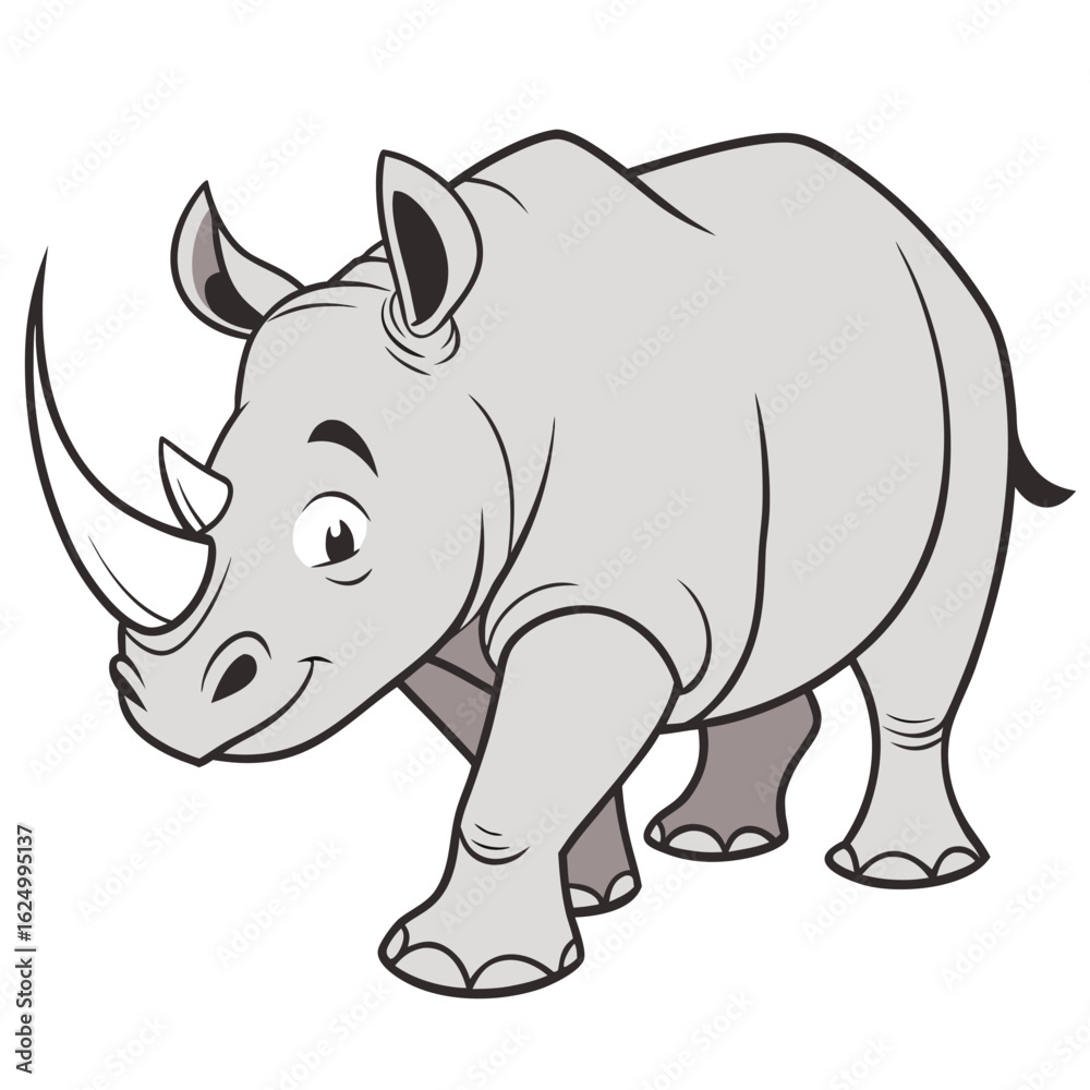 Fototapeta premium Cute and funny rhino cartoon coloring page with a big horn, isolated on a white background