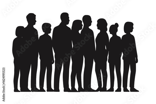 Minimalist black and white illustration of a diverse group of people silhouettes depicting family and social gathering