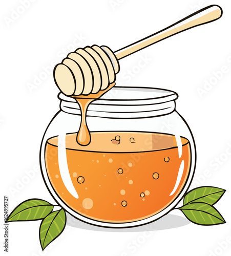 Sweet Honey Dripping from Wooden Dipper into Glass Jar with Leaves