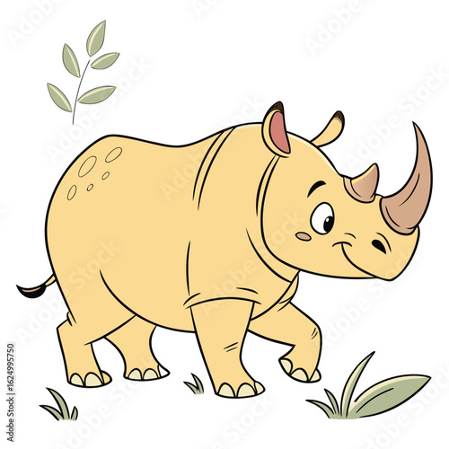 A cute pink rhino cartoon drawing of a wild mammal character on a safari