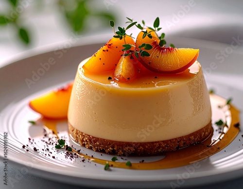 A creamy spoon dessert topped with fresh peach pieces and glossy sauce, styled under soft studio lighting. The inviting texture and vibrant colors highlight sweetness, freshness and gourmet presentati