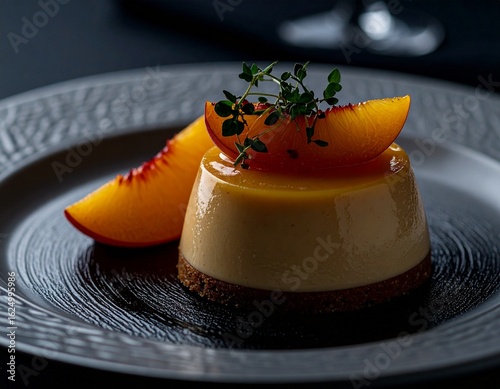 A creamy spoon dessert topped with fresh peach pieces and glossy sauce, styled under soft studio lighting. The inviting texture and vibrant colors highlight sweetness, freshness and gourmet presentati