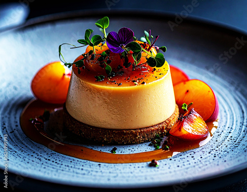 A creamy spoon dessert topped with fresh peach pieces and glossy sauce, styled under soft studio lighting. The inviting texture and vibrant colors highlight sweetness, freshness and gourmet presentati