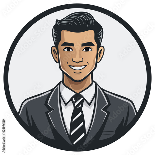 Stylized portrait of a smiling professional man with dark hair wearing a business suit and tie in a circular badge