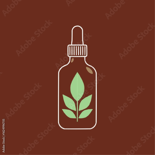 Herbal dropper bottle with plant illustration on brown background  