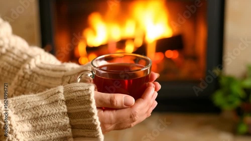 Warm tea by fireplace