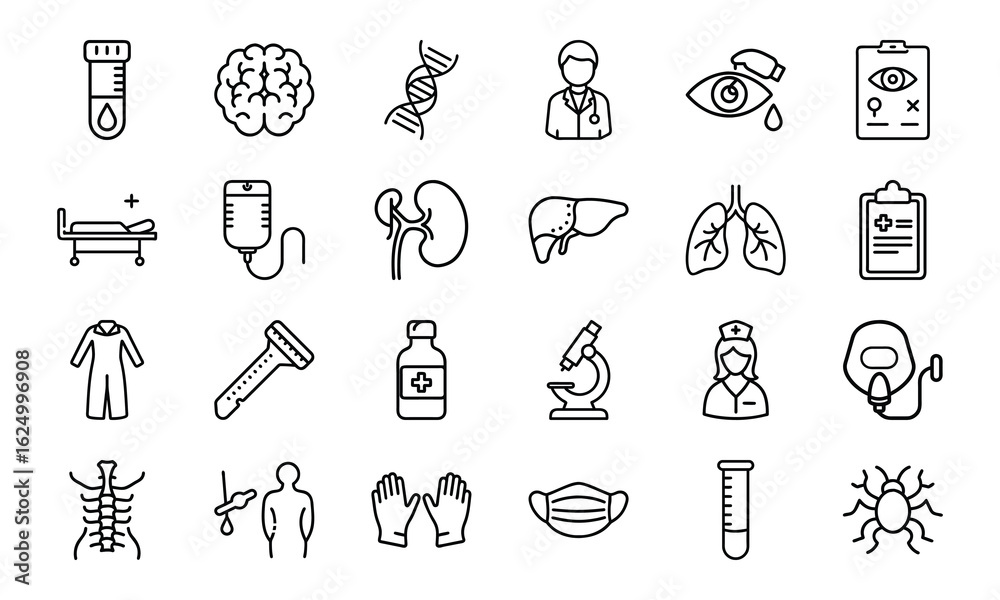 Fototapeta premium Medical and Healthcare Line Icon Set – Hospital Tools, Doctor Symbols, Human Organs, Virus, Mask, Injection, and Test Equipment Vectors
