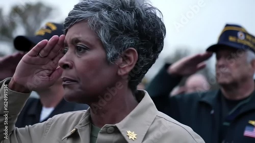 Solemn Respect: A poignant portrait of a distinguished woman saluting during a ceremony, her expression a testament to honor and respect, evoking themes of service and remembrance.