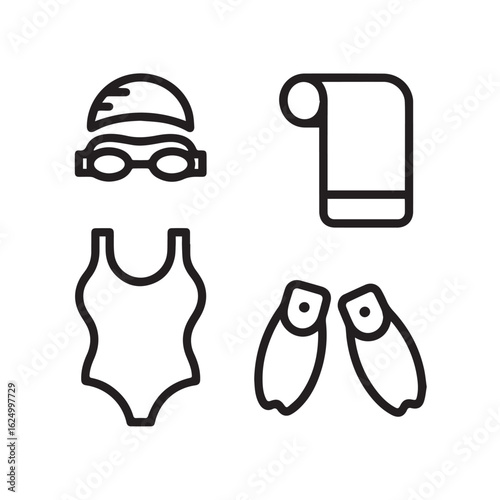 Swimming Gear Line Icons Set – Goggles, Swim Cap, Towel, Swimsuit, Kickboard, and Fins