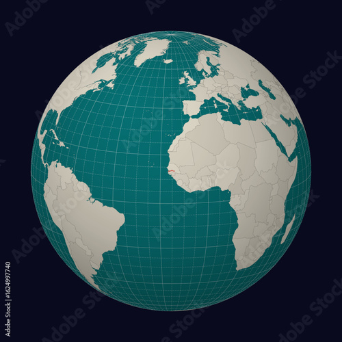 Gambia on the map. Globe centered to Gambia. Country location on the world map. Teal Pale Mint color palette. Globe with countries, meridians and parallels. Elegant vector illustration.