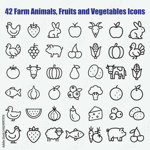 Farm animals fruits vegetables icons chicken strawberry