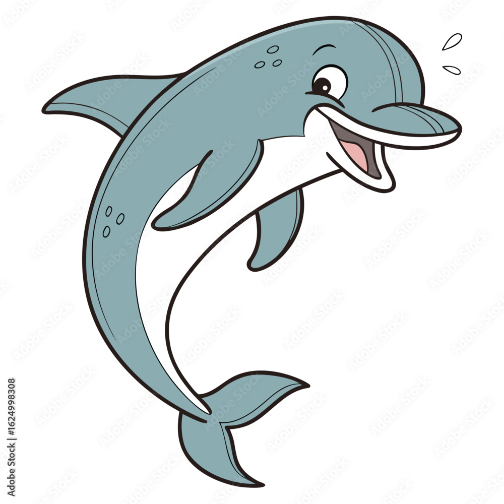 Obraz premium A fun cartoon illustration of a cute dolphin playing with a ball in the blue ocean