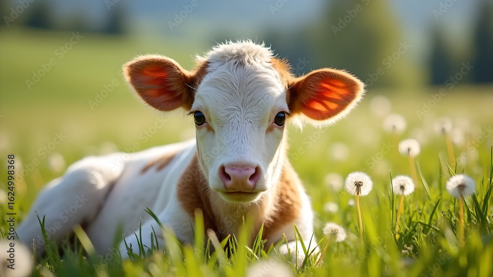 Fototapeta premium Close-Up of White and Brown Calf in Green Field with Dandelions on Sunny Day