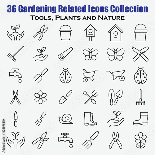 Gardening tools plants nature icons vector