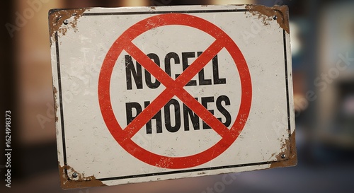 No Cell Phones Sign Rusted Metal Warning Sign with Red Circle and Cross
