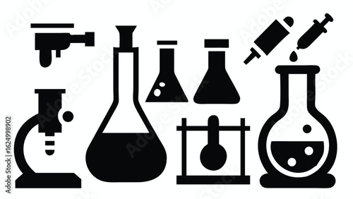 A detailed vector illustration shows a set of blue glass laboratory equipment, including beakers, flasks, and test tubes, for scientific chemical experiments and research