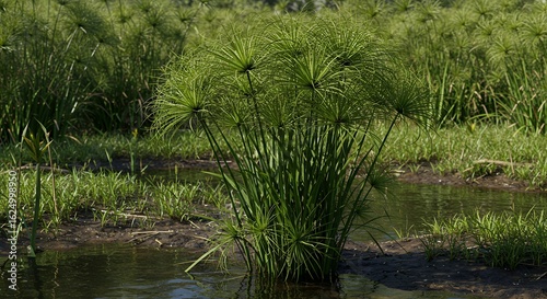 Papyrus Plant Growing in Wetland with Green Foliage and Water Reflection