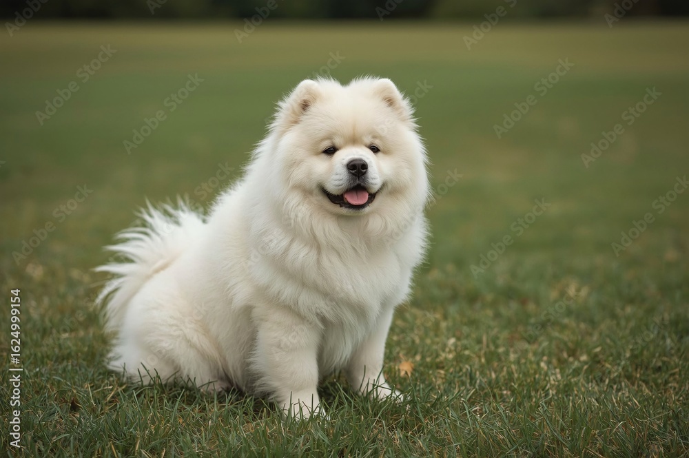 Fototapeta premium Happy fluffy dog sits park, green background, pet portrait