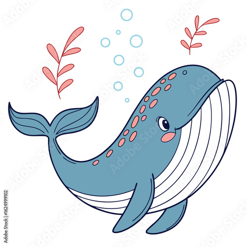 Vector illustration of a cute cartoon whale swimming in the blue ocean