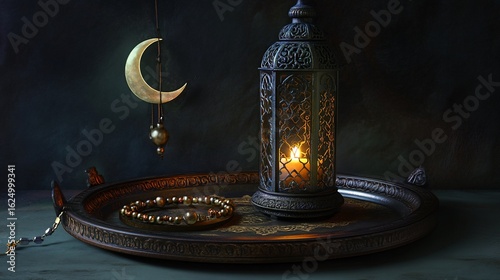 Ramadan still life featuring a crescent moon and illuminated lantern