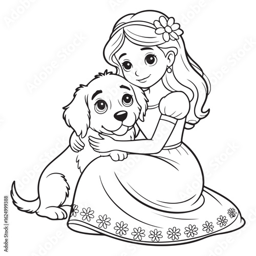 Girl hugging dog in black and white coloring book style colouring page