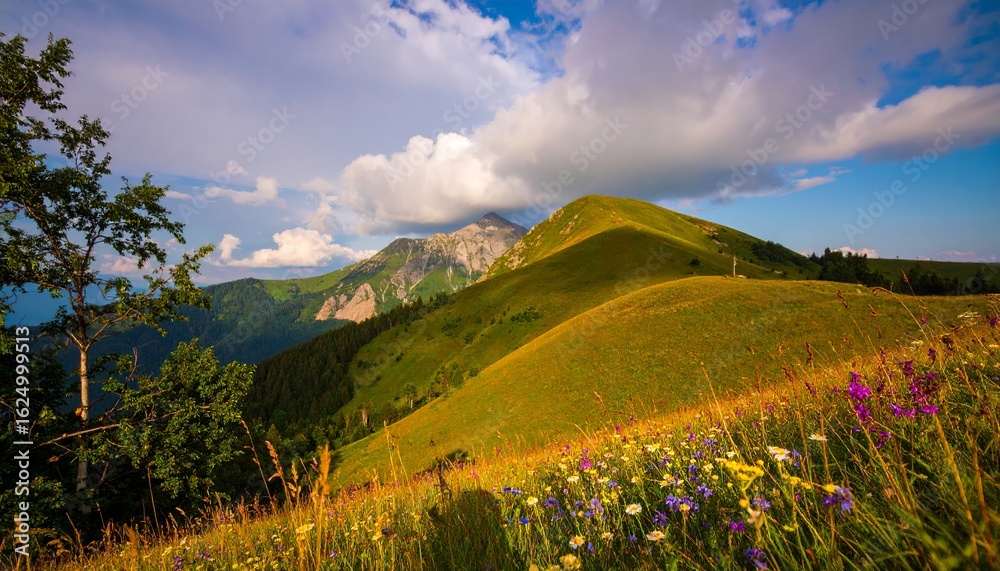 Obraz premium Peaceful Bohemian landscape with rolling hills, golden meadows, and scattered wildflowers under a soft pastel sky. Tranquil countryside scene evoking freedom, nature, and rustic charm