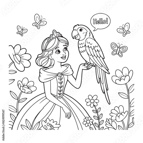 Princess with parrot in garden coloring page illustration colouring page